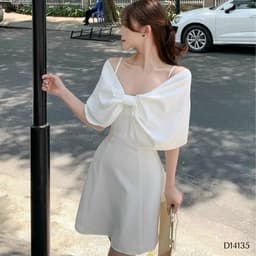 Đầm nữ dự tiệc trắng nơ phủ vai - Váy nữ phối nơ ngực bẹt vai - Đầm nữ trắng dáng xòe rớt vai 2