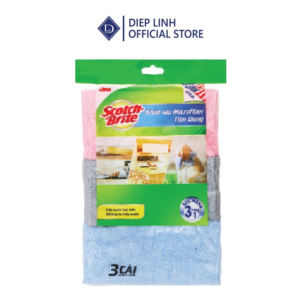 Khăn lau tiện dụng Scotch Brite 3M 30x30cm Combo 3, khăn lau không gây trầy xước thấm hút nước gấp 5 lần, không để lại b