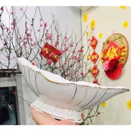 Bát Thuyền Bát Đĩa Đựng Gà Cúng Nguyên Con Gốm Sứ Bát Tràng Cao Cấp Màu Trắng Và Kẻ Vàng 6