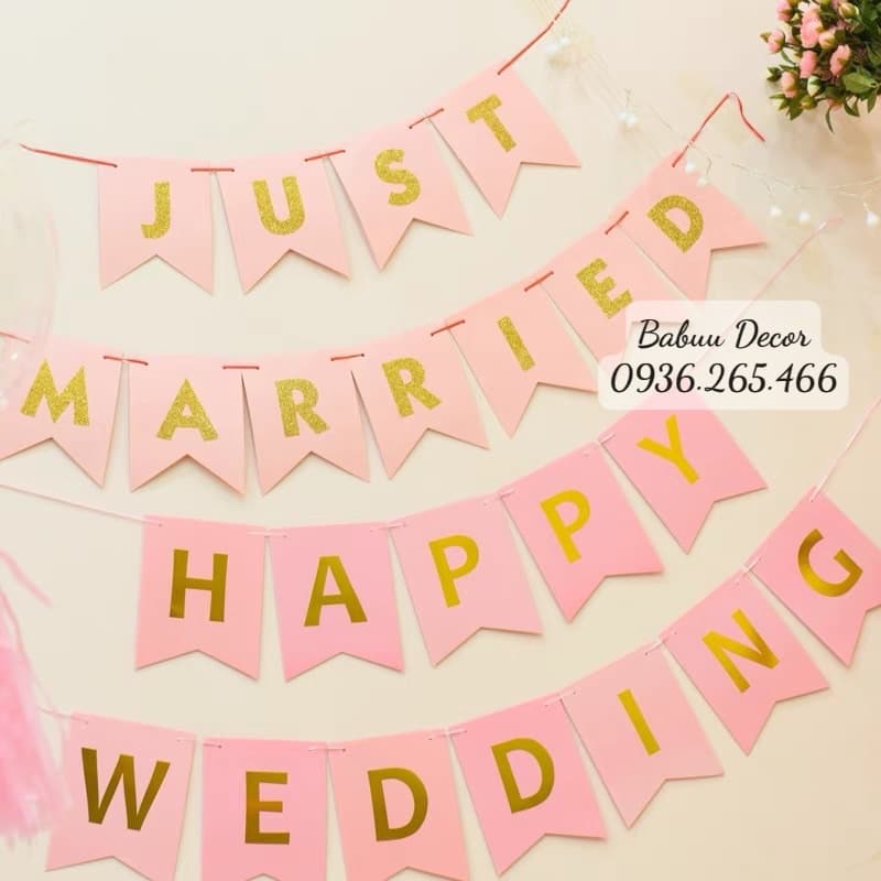 Dây chữ Happy Wedding ánh kim trang trí phòng cưới, tiệc cưới