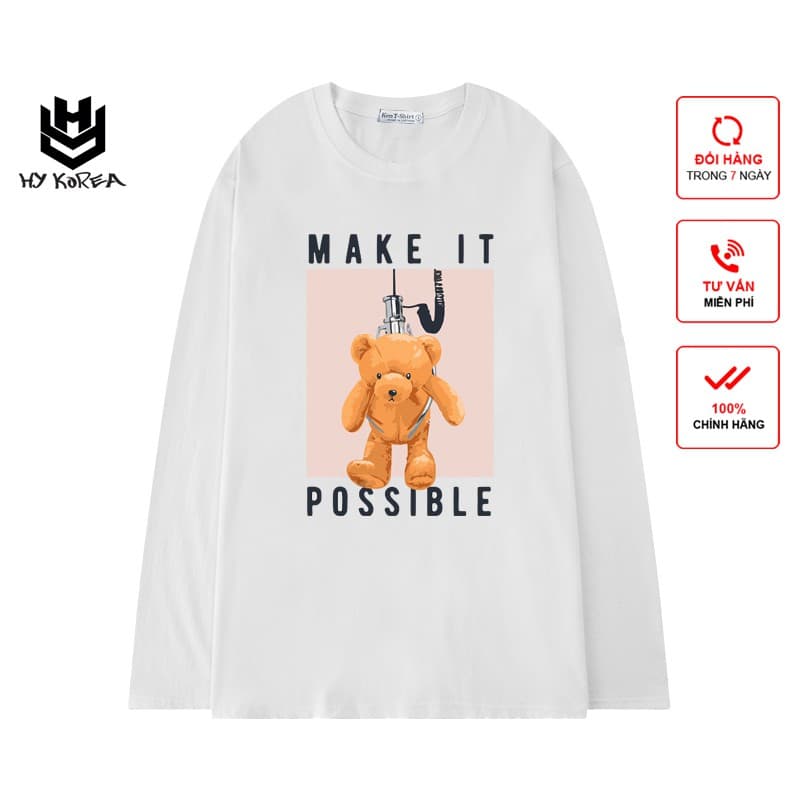 Áo Thun Tay Dài HY KOREA Form Rộng Unisex, Gấu Possible 214.