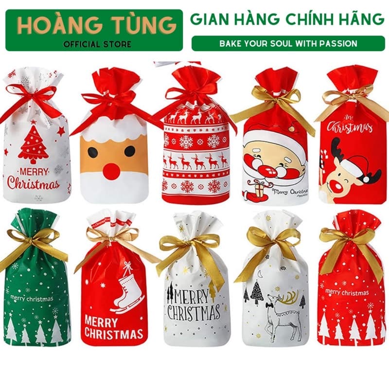 Combo 5 Túi đựng quà Giáng sinh, Noel kèm dây rút nơ