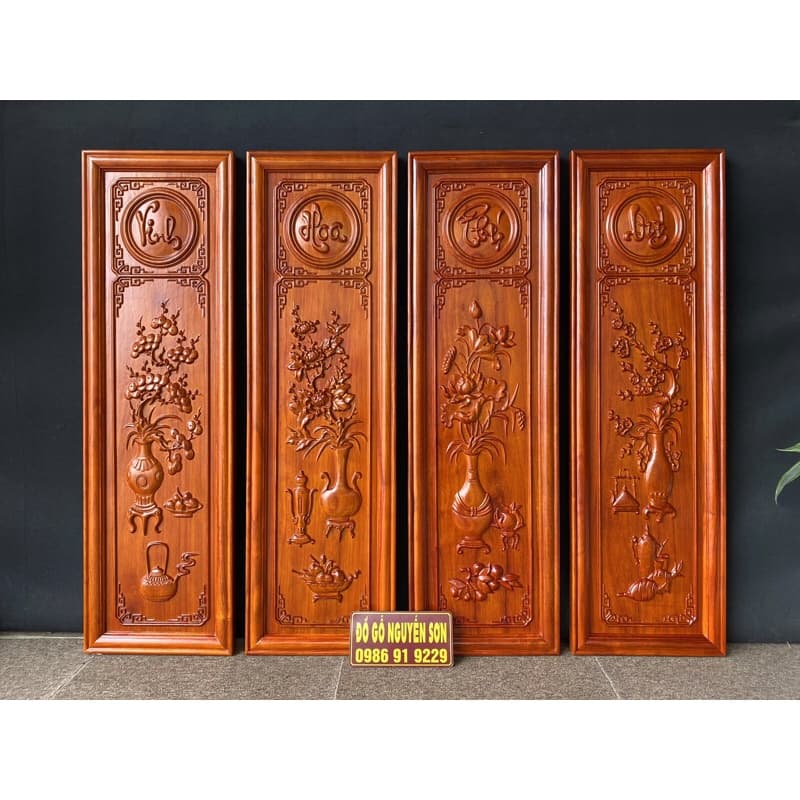 Bộ Tranh Tứ Bình Gỗ Hương Sơn Pu cao cấp