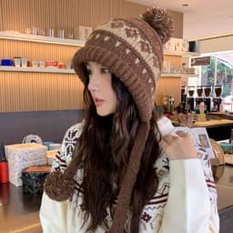 Mũ dệt kim len bóng retro nữ mùa đông có dây đeo chống lạnh 4