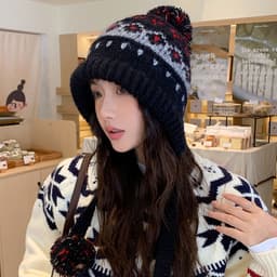Mũ dệt kim len bóng retro nữ mùa đông có dây đeo chống lạnh 5