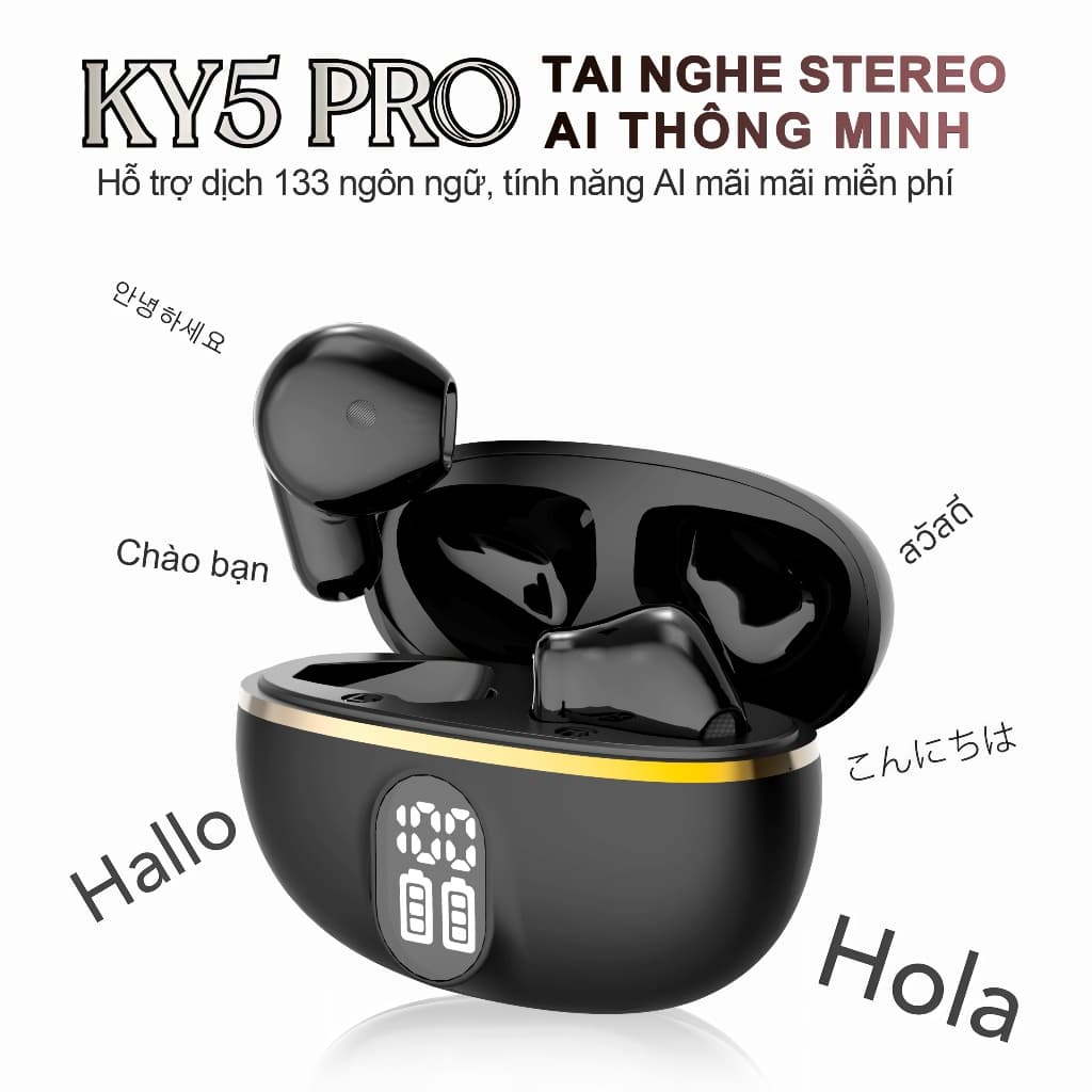 KY5 PRO-AI Tai Nghe Nhẹ Nhất Có, Tai nghe AI dịch đồng thời, Có thể dịch được 133 ngôn ngữ, Dịch trực tiếp khi video call, Màn hình hiển thị số, Chống nước IPX5, ENC khử ồn, Hỗ trợ Android & iOS [AI miễn phí trọn đời]