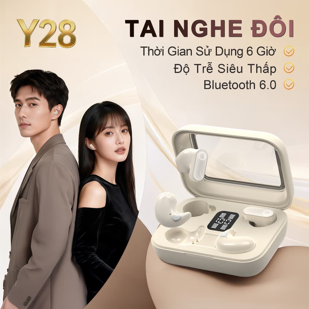 Y28 (2 cặp tai nghe) Mới Nhất Tai Nghe Đôi, 1 Cặp tai nghe chuôi ngắn và 1 Cặp ngủ, nhạc liên tục hơn 30 giờ, Âm thanh nổi cấp độ HiFi, Chống nước IPX5, Kích thước siêu nhỏ gọn, Phù hợp cho cả khi ngủ và thể thao, Với iPhone và Android