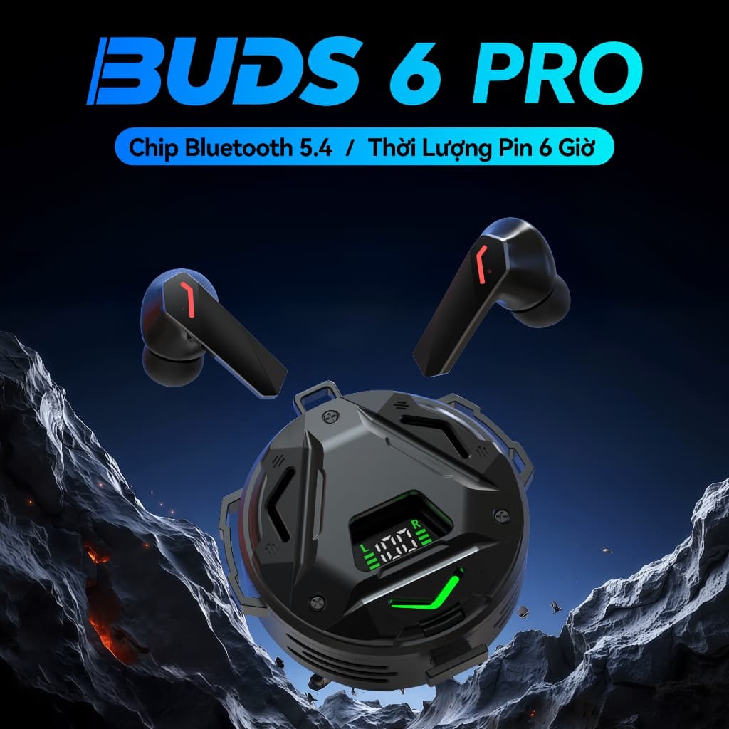 BUDS 6 PRO Chơi Game Tai Nghe, Thiết kế phong cách mecha, Hiệu ứng ánh sáng siêu ấn tượng, Âm thanh nổi cấp độ HiFi, Mic tích hợp chống nước IPX5, Giảm tiếng ồn ENC, Điều khiển cảm ứng