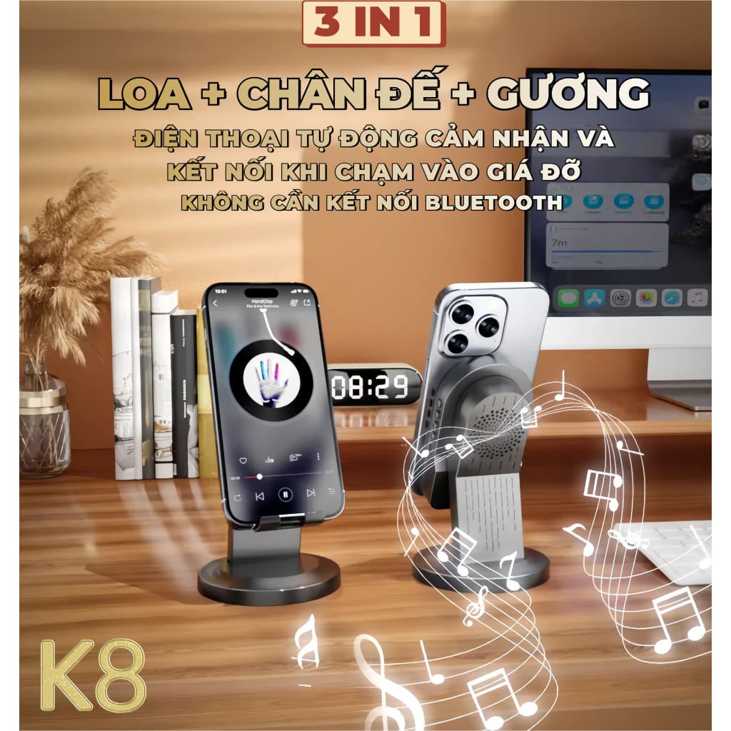 K8 Loa Cảm Ứng Không Dây (3 trong 1) Chân Đế Đa Chức Năng + Âm thanh cảm ứng/ Bluetooth Loa + Gương Trang Điểm, Kết Nối Cảm Ứng, Không Cần Kết Nối Bluetooth