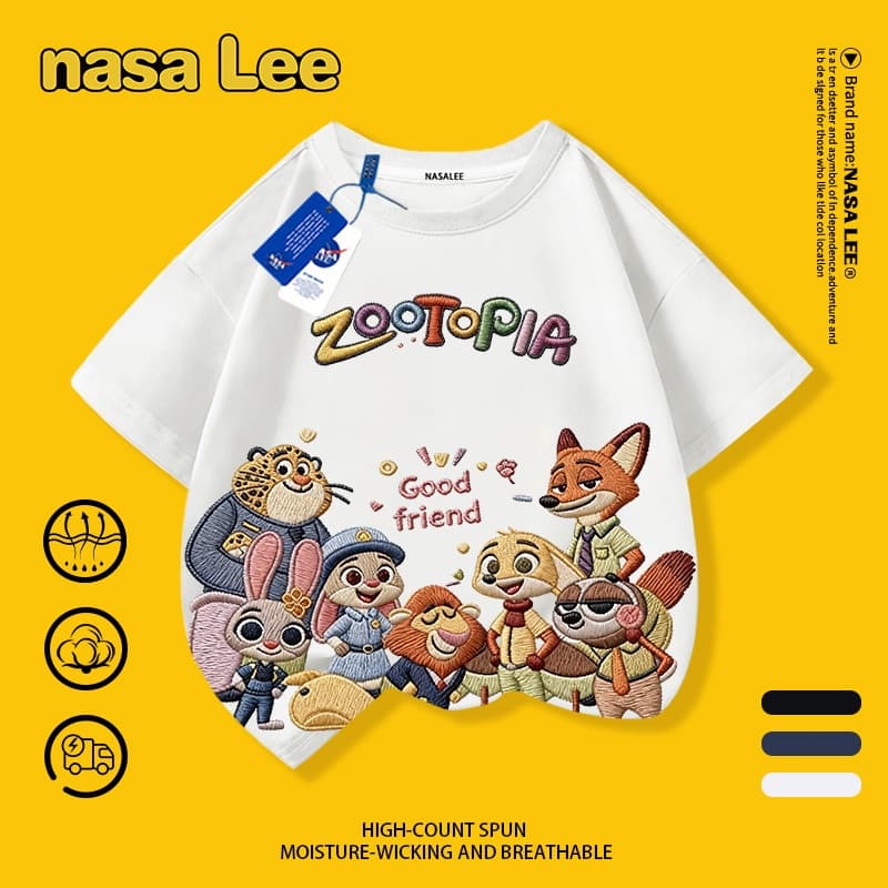[Giao hàng trong ngày] Áo thun Cotton nguyên chất màu trắng cho trẻ em của NASA Crazy Animal City In hình 3-16 tuổi Bé trai bé gái tay ngắn thông thường