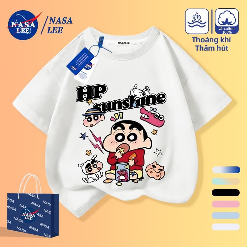 [Giao hàng trong ngày] Áo thun Cotton nguyên chất màu trắng cho trẻ em Khí quyển Phim hoạt hình trẻ em Crayon Shin-Chan Họa tiết in 3-16 tuổi Áo sơ mi ngắn tay dáng rộng thông thường