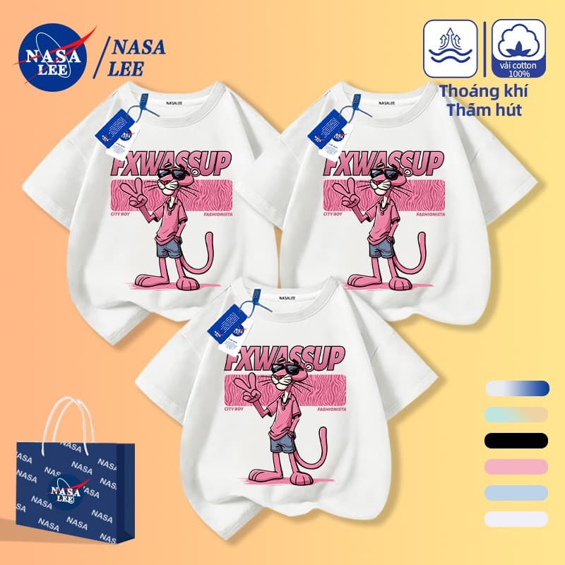 [Giao hàng trong ngày] Áo thun Cotton trắng da báo màu hồng hợp thời trang của NASA Họ ba cha mẹ và con cái mặc thời trang tay ngắn thông thường