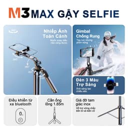 M3 MAX Gậy Chụp Ảnh Đa Năng – 3 in 1 Gậy selfie kiêm chân tripod, Dài 1.85m có thể điều chỉnh, Xoay 720 độ, Tay cầm cân bằng quay phim, Ốc vít chuẩn 1/4 (Tương thích với máy ảnh/Pocket3/ GoPro/đèn livestream) 6