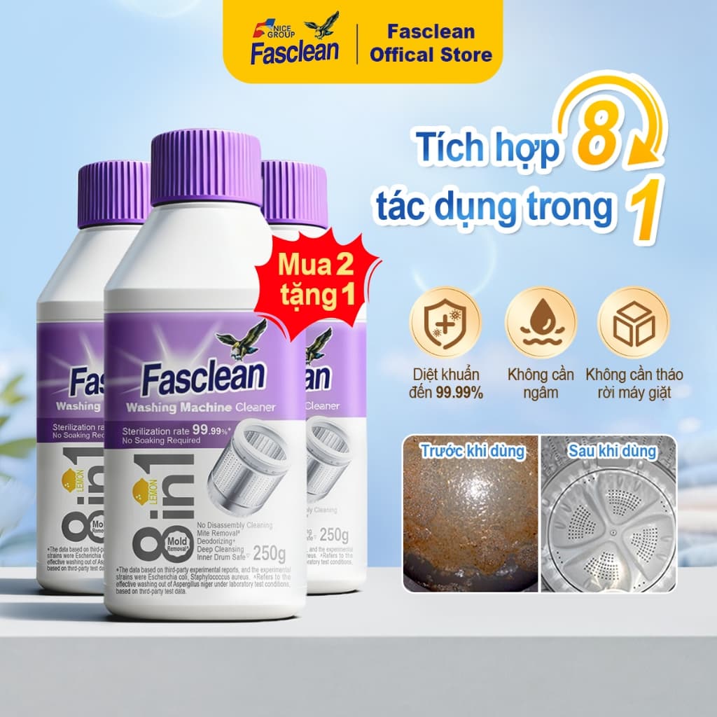 Fasclean Dung dịch vệ sinh và khử trùng máy giặt không cần ngâm 250g giúp loại bỏ nấm mốc, mạt bụi và mùi hôi
