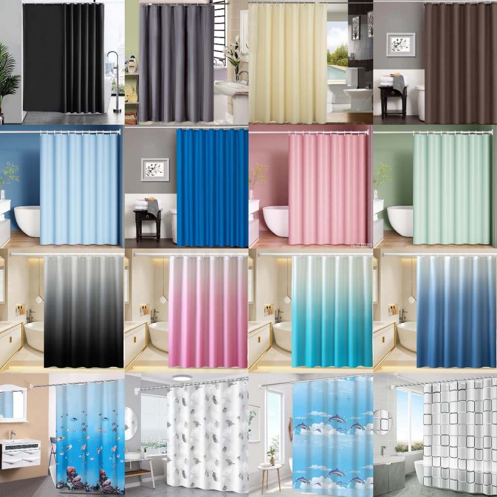 [Giao Hàng Nhanh] 180x180cm Peva Phòng Tắm Không Thấm Nước Rèm Tắm Rèm Cửa Màu Đen Trắng Xám Xanh Be Nâu Hồng Xanh Tím Cam Hải Quân Kẻ Sọc Gradient Phim Hoạt Hình Đại Dương Cây Hoa Lá Tắm Rèm Móc Thanh