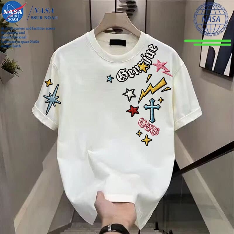 Áo thun nam NASA – Áo thun ngắn tay cổ tròn hợp thời trang, Áo họa tiết thông thường Unisex, Vải thoáng khí thoải mái mềm mại