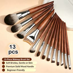 【Gỗ Nguyên Khối】Bộ Cọ Trang Điểm LHWA 13 Món Cán Gỗ Tự Nhiên Màu Nâu Lông Mềm Dùng Cho Mặt Và Mắt 2