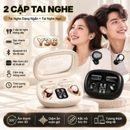 Y36 (2 cặp tai nghe) Mới Nhất Tai Nghe Đôi, 1 Cặp tai nghe chuôi ngắn và 1 Cặp tai nghe ngủ, Nghe nhạc liên tục hơn 30 giờ, Âm thanh nổi cấp độ HiFi, Chống ồn AI - Gọi rõ nét, Êm da - Không đau tai, Mở nắp kết nối ngay 1