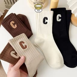 🍥jellycuty🍥 🧦Tất Cổ Cao Nữ Họa Tiết Chữ C, Vỡ Cổ Cao Họa Tiết Chữ C Vải Cotton Mềm Mịn 1