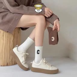 🍥jellycuty🍥 🧦Tất Cổ Cao Nữ Họa Tiết Chữ C, Vỡ Cổ Cao Họa Tiết Chữ C Vải Cotton Mềm Mịn 2