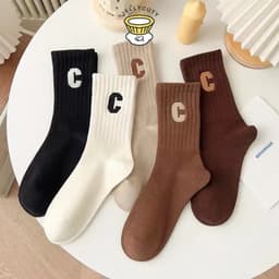 🍥jellycuty🍥 🧦Tất Cổ Cao Nữ Họa Tiết Chữ C, Vỡ Cổ Cao Họa Tiết Chữ C Vải Cotton Mềm Mịn 3