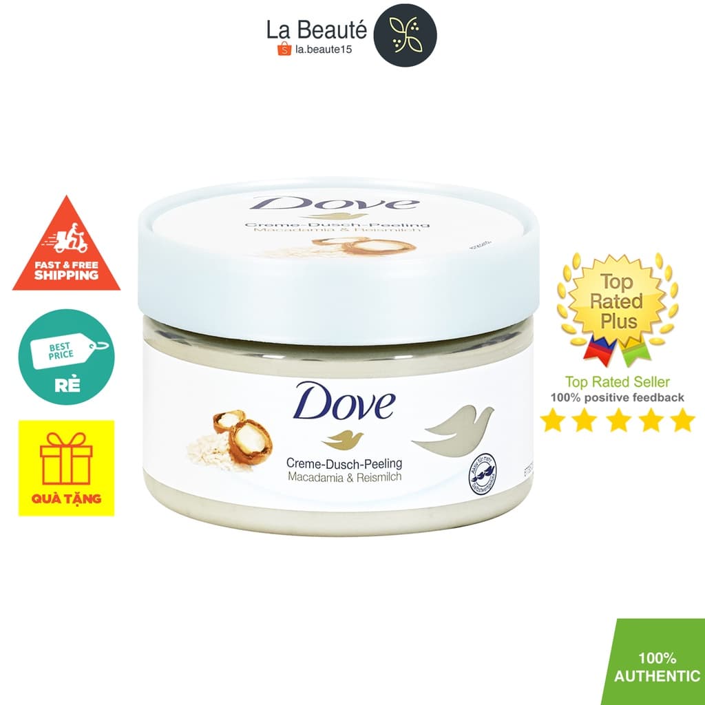 Dove Creme Dusch Peeling Macadamia & Reismilch - Tẩy Da Chết Toàn Thân Từ Hạt Macca & Sữa Gạo 225ml (Bản Đức)