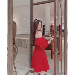 [Xả kho nghỉ bán] Đầm nữ đỏ hai dây trễ vai phối voan - Đầm 2 dây bẹt vai 3