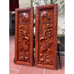 Tranh cá chép " Lý ngư vọng nguyệt " gỗ hương , khung ván dày 4cm 5