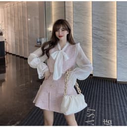 Set Tiểu Thư Áo Sơ Mi Cổ Thắt Nơ Tay Dài Mix Chân Váy Vải Bố - Áo Linen Gài Nơ Kèm Váy Đính Cúc [Hàng Thiết Kế Lahoute] 4