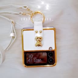 [HÌNH THẬT CÓ SẴN] Ốp Samsung Z Flip 4 - ZFlip3 - Flip3 5G cường lực vân da charm gấu viền gold dây đeo dài sang trọng 5