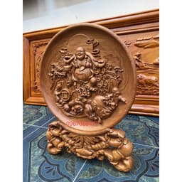 Tranh đĩa phong thuỷ,di lặc gánh tiền,gỗ hương cao cấp dươngd kính 30cm 3