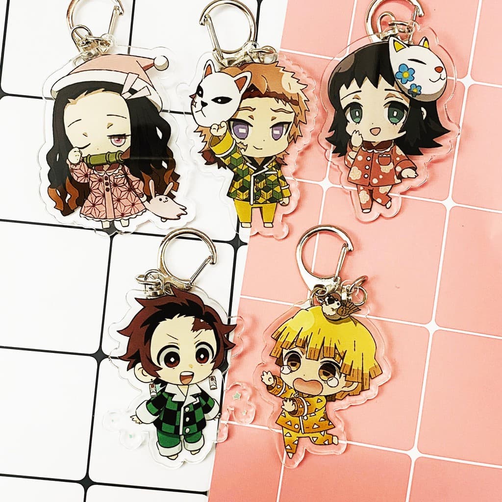 (mua 1 tặng 1) ( Mica trong acrylic ) Móc khóa Kimetsu no Yaiba Thanh gươm diệt quỷ ver mặc đồ ngủ anime chibi