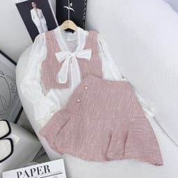 Set Tiểu Thư Áo Sơ Mi Cổ Thắt Nơ Tay Dài Mix Chân Váy Vải Bố - Áo Linen Gài Nơ Kèm Váy Đính Cúc [Hàng Thiết Kế Lahoute] 6