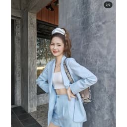 Set Nữ 3 Món Áo Vest Khoác Ngoài Kèm Áo Dây Mix Quần Đùi Xanh Ngọc Phong Cách Công Sở [Lahoute] 7