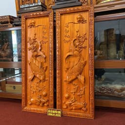 Tranh gỗ cá chép tài lộc,đôi cá lý ngư vọng nguyệt, sơn pu gỗ hương cao cấp 2
