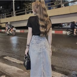 Chân váy jean bò dáng dài xẻ trước cúc sau hàng QC 2