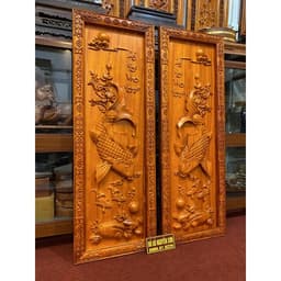 Tranh gỗ cá chép tài lộc,đôi cá lý ngư vọng nguyệt, sơn pu gỗ hương cao cấp 3