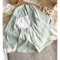 Set Nữ 3 Món Áo Vest Khoác Ngoài Kèm Áo Dây Mix Quần Đùi Xanh Ngọc Phong Cách Công Sở [Lahoute] 2