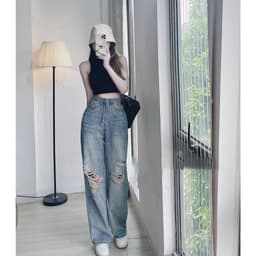 Quần Jean rách  ống rộng Quần bò Nữ Dáng Suông chất Jeans Lưng Cao Ulzzang,dễ phối đồ 1