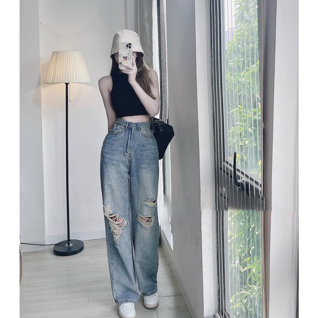 Quần Jean rách  ống rộng Quần bò Nữ Dáng Suông chất Jeans Lưng Cao Ulzzang,dễ phối đồ