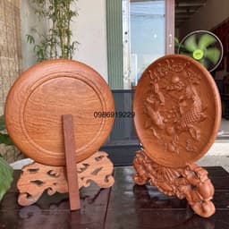 Đĩa Gỗ Phong Thuỷ Lý Ngư vọng nguyệt liền khối 4
