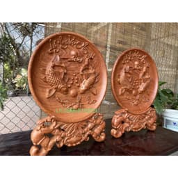 Đĩa Gỗ Phong Thuỷ Lý Ngư vọng nguyệt liền khối 2