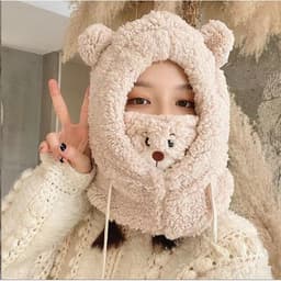Khăn gấu kèm mũ trùm đầu len lông thỏ đáng yêu mùa đông 4