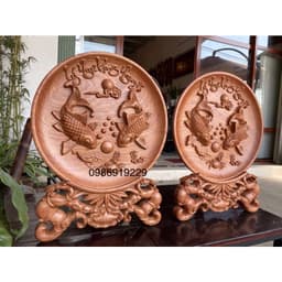 Đĩa Gỗ Phong Thuỷ Lý Ngư vọng nguyệt liền khối 1