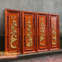 Bộ tranh tứ quý gỗ hương đỏ nam phi kích thước 37*107,dày 3cm hoàn thiện sơn pu dát vàng Đài Loan cao cấp 5