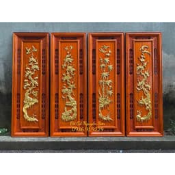 Bộ tranh tứ quý gỗ hương đỏ nam phi kích thước 37*107,dày 3cm hoàn thiện sơn pu dát vàng Đài Loan cao cấp 1