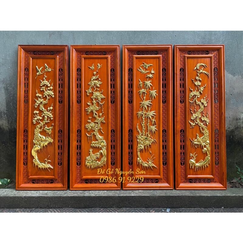 Bộ tranh tứ quý gỗ hương đỏ nam phi kích thước 37*107,dày 3cm hoàn thiện sơn pu dát vàng Đài Loan cao cấp