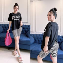 Đồ Bộ Nữ Bigsize ESHOP DB338 Áo Tay Ngắn Phối Quần Sọc Ống Rộng Suông, Set Mặc Nhà Đi Chơi Thoải Mái 8