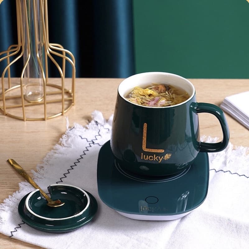 Cốc Hâm Nóng LucKy , Bộ ly sứ kèm đế điện hâm nóng trà, cafe, hâm sữa + Tặng kèm thìa vàng, hộp sang trọng