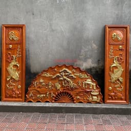 Combo tranh quạt đồng quê+đôi cá lý ngư vọng nguyệt Dát Vàng Đài Loan 24k 8
